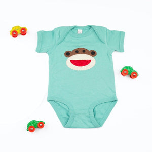 Baby Onesie in Light Green with Hand-Appliquéd Batik Happy Monkey - Forai Baby Onesie in Light Green with Hand-Appliquéd Batik Happy Monkey - Forai
