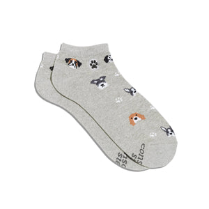 Gray ankle socks with dog and paw print pattern on a white background Gray ankle socks with dog and paw print pattern on a white background
