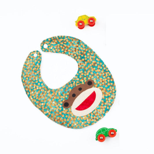 Baby Bib with Happy Monkey on Batik in Tidepool Teal - Forai