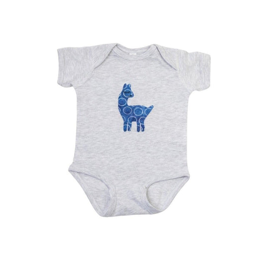 Baby Onesie in Light Gray with Hand-Appliquéd Bright Blue Batik Llama - Forai