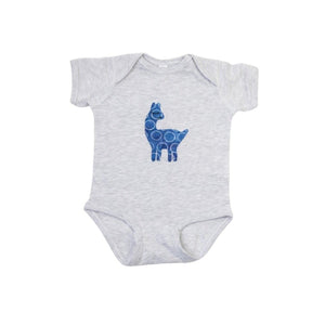 Baby Onesie in Light Gray with Hand-Appliquéd Bright Blue Batik Llama - Forai Baby Onesie in Light Gray with Hand-Appliquéd Bright Blue Batik Llama - Forai