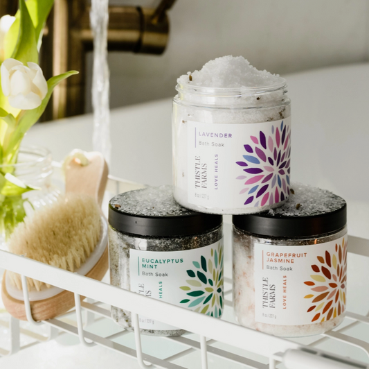 Thistle Farms bath soaks in Lavender, Eucalyptus Mint and Grapefruit Jasmine.