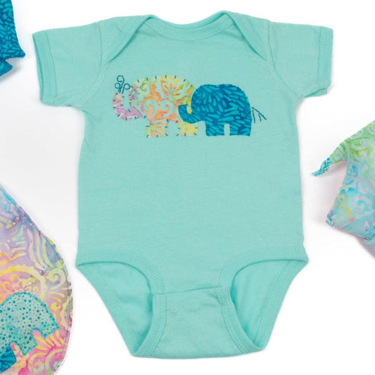 Baby Onesie in Mint Green with Hand-Appliquéd Mama & Baby Elephant Paisley Batik - Forai