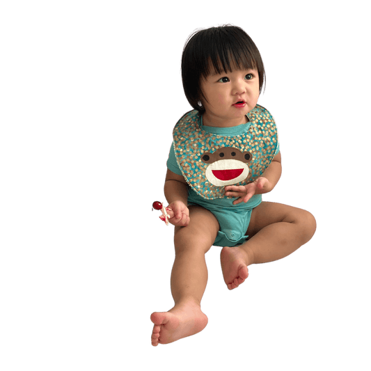 Baby Bib with Happy Monkey on Batik in Tidepool Teal - Forai
