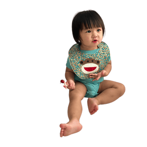 Baby Bib with Happy Monkey on Batik in Tidepool Teal - Forai Baby Bib with Happy Monkey on Batik in Tidepool Teal - Forai