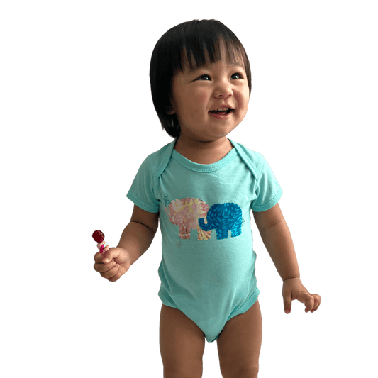 Baby Onesie in Mint Green with Hand-Appliquéd Mama & Baby Elephant Paisley Batik - Forai