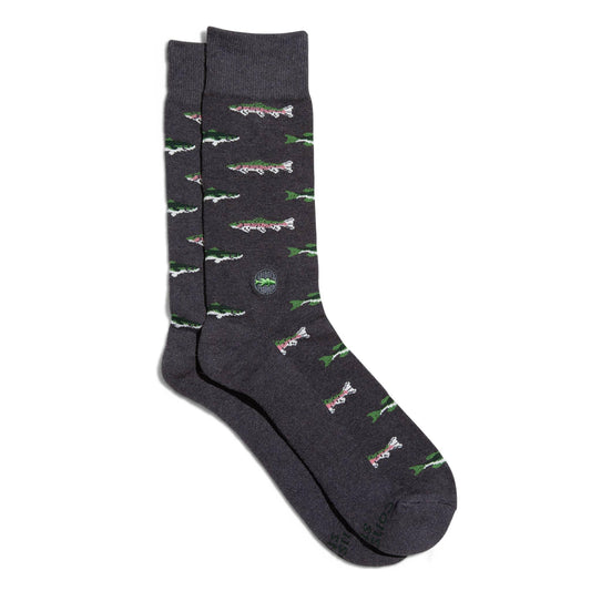 Dark gray crew socks with fish pattern on a white background