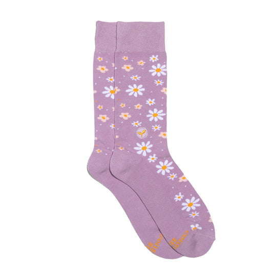 Lavender crew socks with floral pattern on a white background
