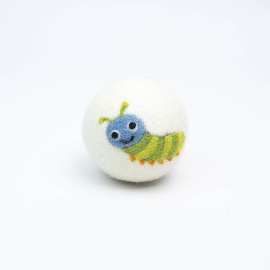 reusable wool dryer ball with cute caterpillar design on a white background