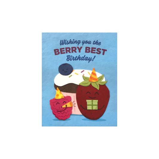 Greeting Card with 'Wishing you the Berry Best Birthday!' Recycled Paper. Handmade.