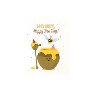 Birthday greeting card with message, Honey Happy Bee Day! Cartoon honey pot with a bee and party hats. Recycled. Handmade. Birthday greeting card with message, Honey Happy Bee Day! Cartoon honey pot with a bee and party hats. Recycled. Handmade.