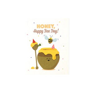 Birthday greeting card with message, Honey Happy Bee Day! Cartoon honey pot with a bee and party hats. Recycled. Handmade. Birthday greeting card with message, Honey Happy Bee Day! Cartoon honey pot with a bee and party hats. Recycled. Handmade.
