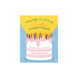 Greeting Card with 'You're a little Brighter Every Year! (Or maybe it's just your cake) Happy Birthday!' Recycled Paper. Handmade. Greeting Card with 'You're a little Brighter Every Year! (Or maybe it's just your cake) Happy Birthday!' Recycled Paper. Handmade.
