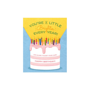 Greeting Card with 'You're a little Brighter Every Year! (Or maybe it's just your cake) Happy Birthday!' Recycled Paper. Handmade. Greeting Card with 'You're a little Brighter Every Year! (Or maybe it's just your cake) Happy Birthday!' Recycled Paper. Handmade.