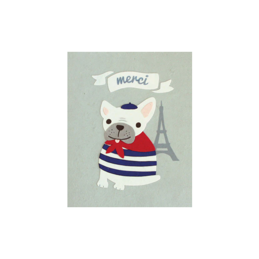 Greeting Card with 'Merci' a cute dog and Eiffel Tower. Recycled Paper. Handmade.