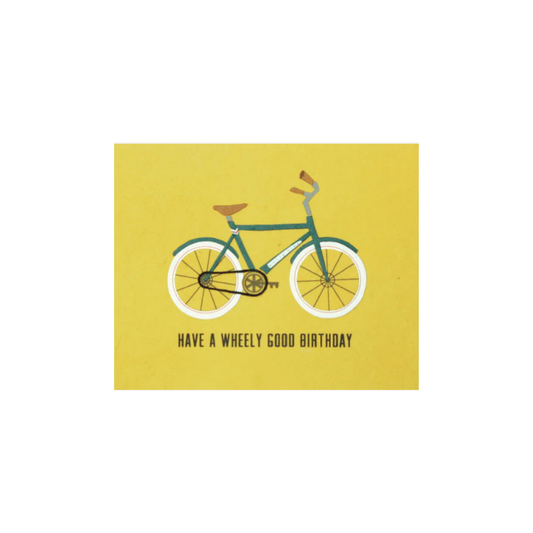 Greeting Card with "Have a Wheely Good Birthday!" Recycled Paper. Handmade.