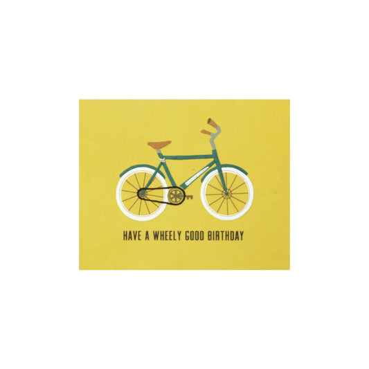 Greeting Card with "Have a Wheely Good Birthday!" Recycled Paper. Handmade.
