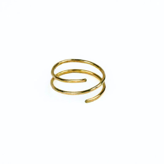 photo of model's hand wearing brown sweater and shiny brass wrap ring