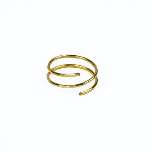 photo of model's hand wearing brown sweater and shiny brass wrap ring