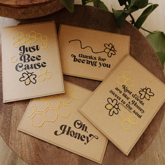 Greeting Cards with bee-themed messages. Handmade. Set of 4. Fair Trade.