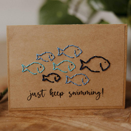 Greeting Cards with just keep swimming. Handmade. Set of 4. Fair Trade.