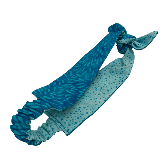 Kids Tie Headbands in Aqua Blue Batik Cotton, adjustable and reversible - Forai