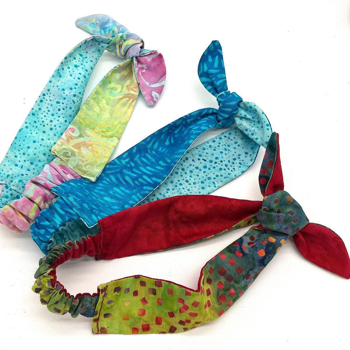 Kids Tie Headbands in Pink, Red, and Blue Batik Cottons, reversible and adjustable - Forai