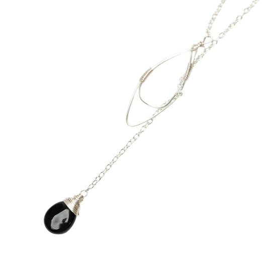 Black Onyx Teardrop Lariat Necklace in Silver - Forai