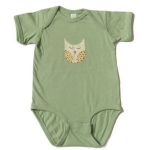 Green baby onesie with a owl design on a white background Green baby onesie with a owl design on a white background