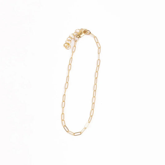 14k gold filled paperclip chain bracelet on a white background
