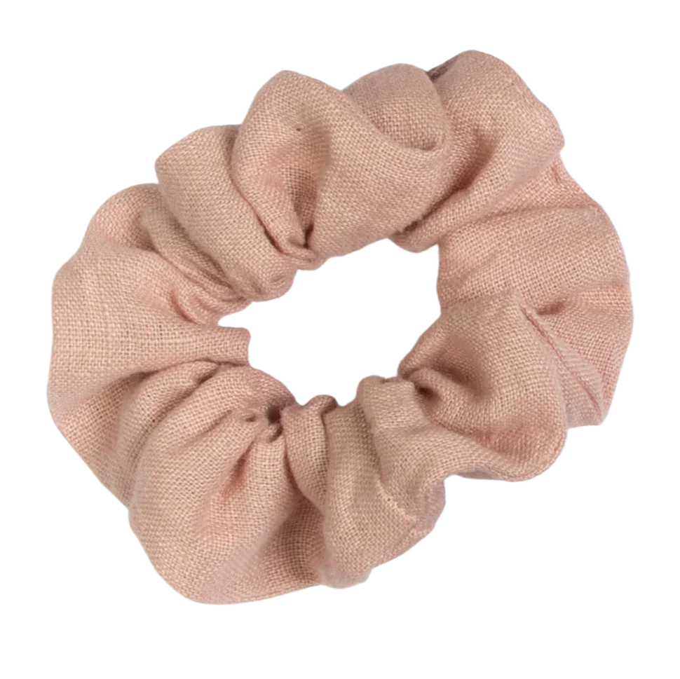 A handmade rose linen scrunchie, soft and stretchy, displayed against a white background.