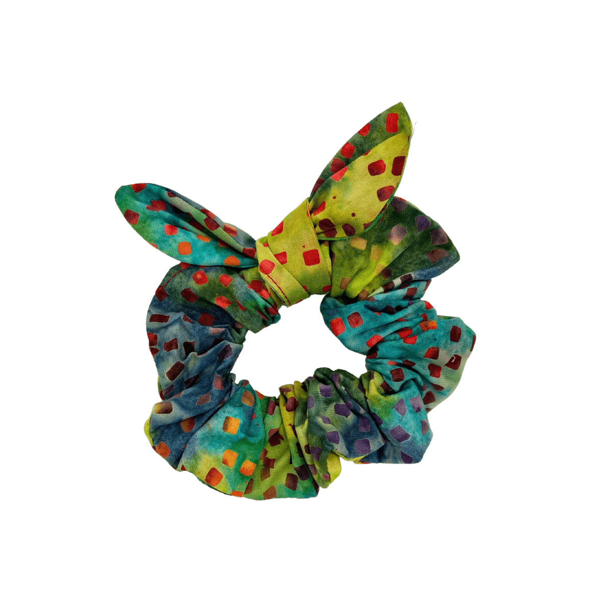 Handmade multicolored fiesta batik cotton scrunchie on white background