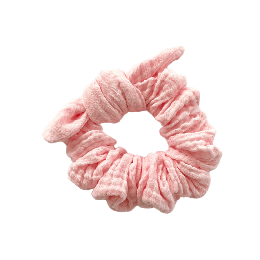 Pink double cotton gauze scruchie with tie on white background