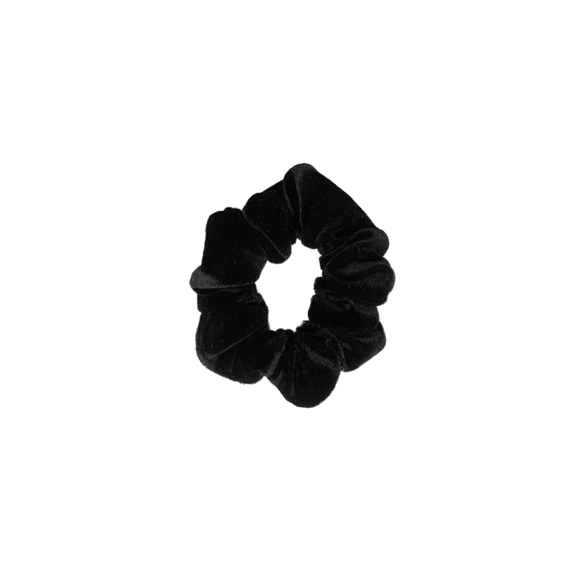 A handmade black velvet scrunchie on a white background.