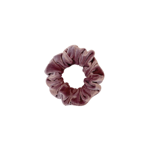 Plum velvet scrunchie on white backgroud