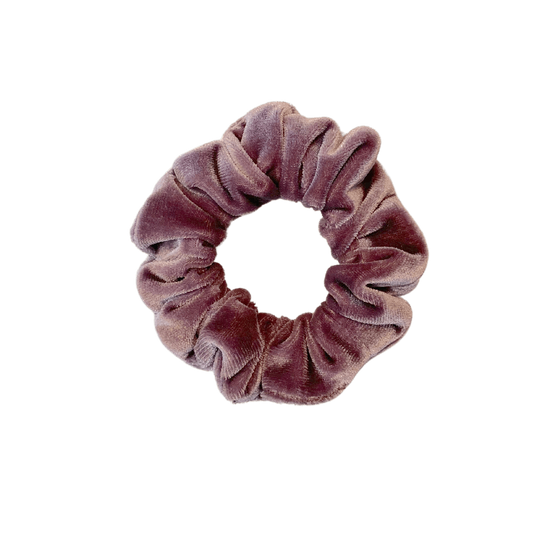 Plum velvet scrunchie on white backgroud
