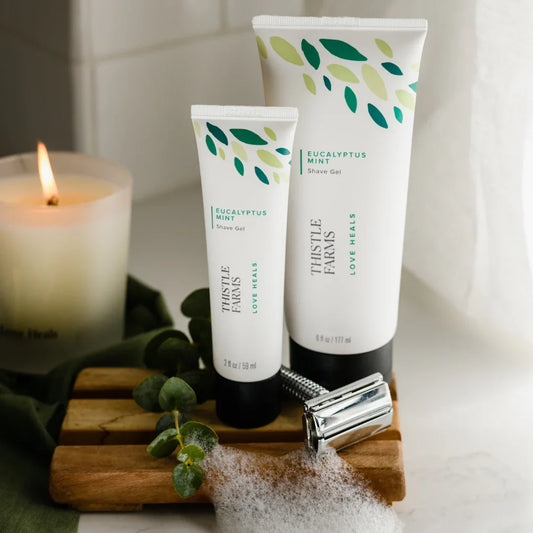 Thistle Farms Rest shave gel with mint and eucalyptus.