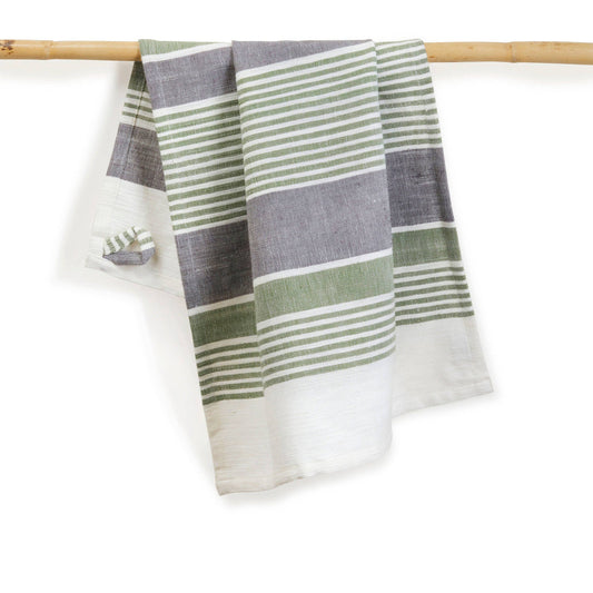 A striped kitchen towel draped over a bamboo pole, featuring horizontal stripes of sage green, medium gray, and white.