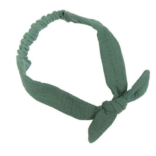 A handmade, adjustable green blue double cotton gauze tie headband for kids on a white background.