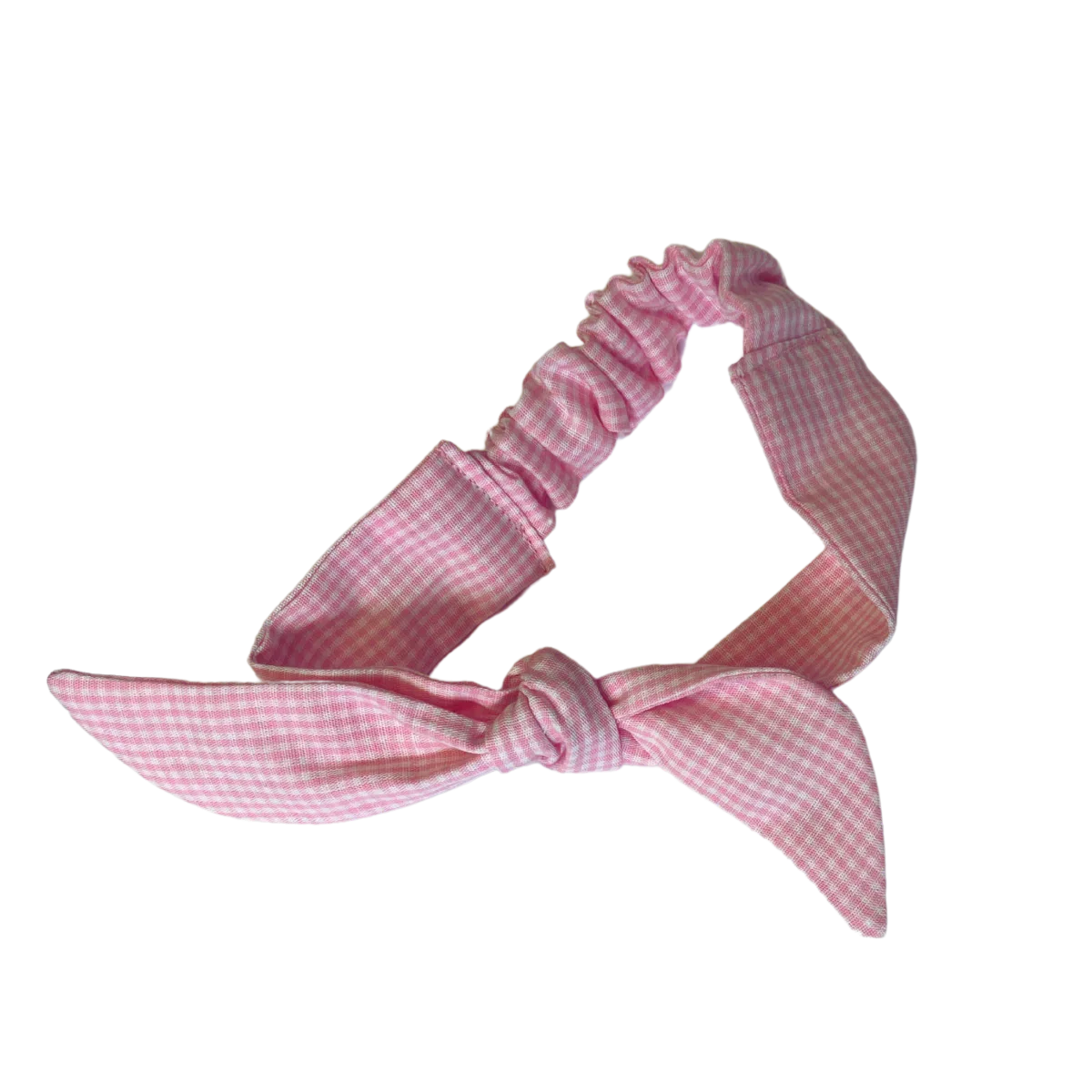 Pink gingham checkered tie headband for kids on a white background