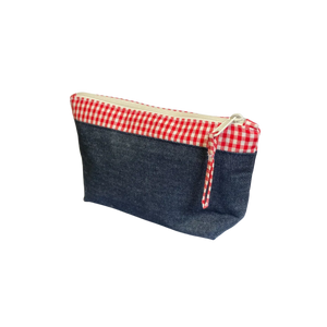 Denim zipper pouch with red and white gingham contrast and gingham check zipper pull Denim zipper pouch with red and white gingham contrast and gingham check zipper pull