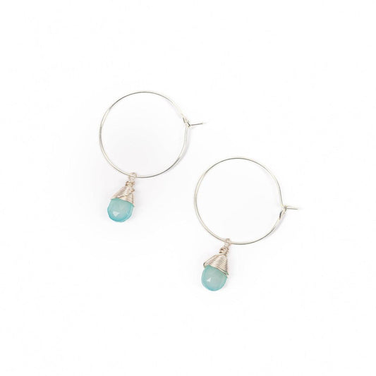 Close-up of ear with Aqua Chalcedony Hoop Earrings in Sterling Silver, classic and timeless design.