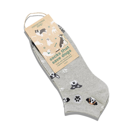 Gray ankle socks with dog and paw print pattern on a white background