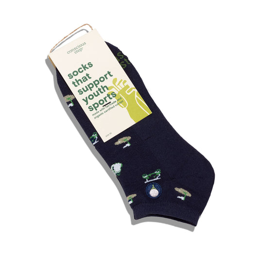 Navy blue socks with green golf designs on a white background