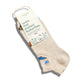 Beige ankle socks with butterfly design and product packaging saying socks that protect butterflies on a white background