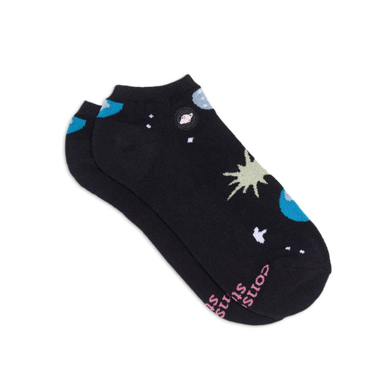 Black ankle sock with space-themed design on a white background