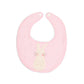 A pink baby bib with a handstitched bunny applique on the front, made of pink gingham fabric with a terry cloth back.