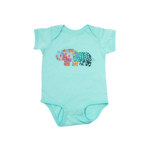 Baby Onesie with Hand-Appliqued Batik Mama & Baby Elephant - Dive on Mint Green - Forai