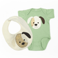 Sage baby onesie and ivory double cotton gauze bib with puppy applique. Handmade.