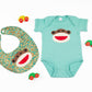 Baby Bib on Tidepool Teal Batik and Teal Green Onesie with Happy Monkey Applique - Forai